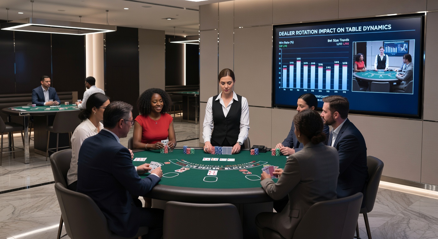 Detailaufnahme eines Blackjack-Tisches während einer Dealer-Rotation in einem Turnier