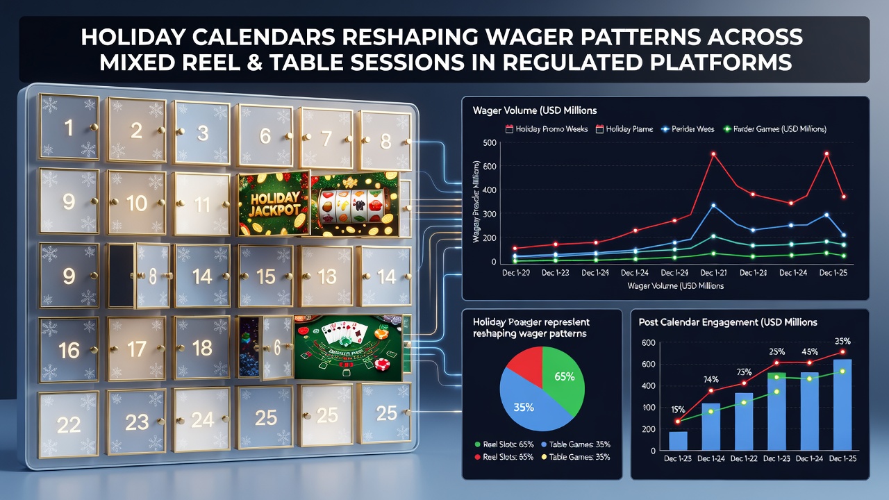 Grafik zeigt Feiertagskalender mit überlagerten Wettmustern auf Slot- und Tischspielplattformen