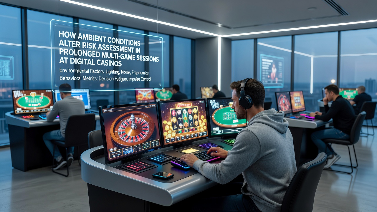 Digitales Casino-Setup mit mehreren Bildschirmen, Kopfhörern und regulierbarer Beleuchtung während einer verlängerten Sitzung