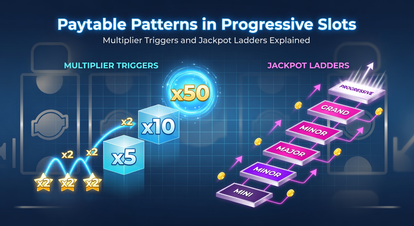 Darstellung einer typischen Paytable in einem progressiven Slot mit Multiplikatoren und Jackpot-Leitern